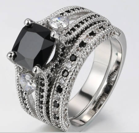2-in-1 High Quality Womens 925 Sterling Silver Princess Cut Natural Black Zircon Ring Crystal Zircon